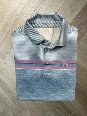 Vineyard Vines Sankaty Striped Performance Polo Shirt Boys 14 Large Blue Preppy